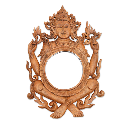 Espejo de pared de madera - Espejo Shiva de madera de suar marrón claro de Indonesia