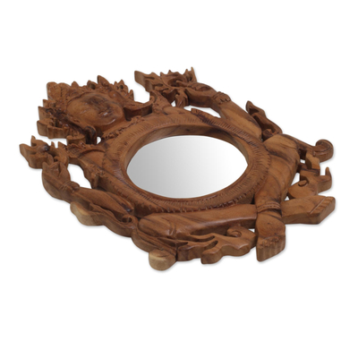 Wood wall mirror, 'Shiva's Reflection' - Light Brown Suar Wood Shiva Mirror from Indonesia