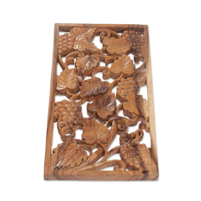 Wood relief panel, 'Succulent Grapes' - Handmade Suar Wood Grape Vine Wall Relief Panel from Bali