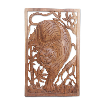 Wood relief panel, 'Hear Me Roar' - Handcrafted Tiger-Themed Suar Wood Relief Panel from Bali