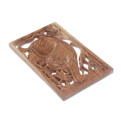 Wood relief panel, 'Hear Me Roar' - Handcrafted Tiger-Themed Suar Wood Relief Panel from Bali