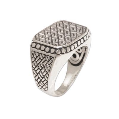 Sterling silver signet ring, 'Woven Basket' - Weave Motif Sterling Silver Signet Ring from Bali