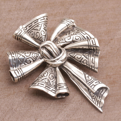 Sterling silver brooch, 'Songket Windmill' - Sterling Silver Songket Cloth Brooch from Bali