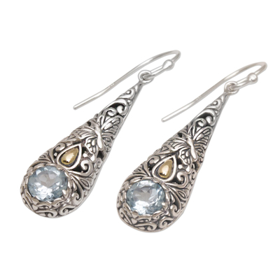 Gold accented blue topaz dangle earrings, 'Monarch Drops' - Gold Accent Blue Topaz Butterfly Earrings from Bali