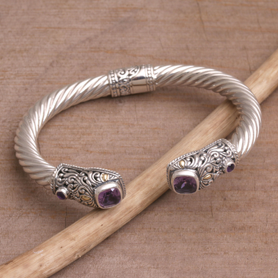 Gold accented amethyst cuff bracelet, 'Barong Crest' - Gold Accented Amethyst Cuff Bracelet from Bali