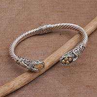 Gold accented sterling silver cuff bracelet, 'Fight for Survival'