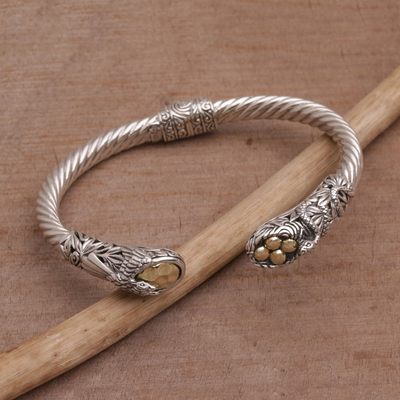 Gold accented sterling silver cuff bracelet, 'Fight for Survival' - Gold Accent Animal-Themed Cuff Bracelet from Bali