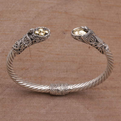 Gold accented sterling silver cuff bracelet, 'Fight for Survival' - Gold Accent Animal-Themed Cuff Bracelet from Bali