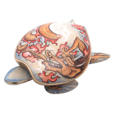 Wood jewelry box, 'Dragon-Hearted Turtle' - Wooden Turtle Jewelry Box with Hand-Painted Dragon Design