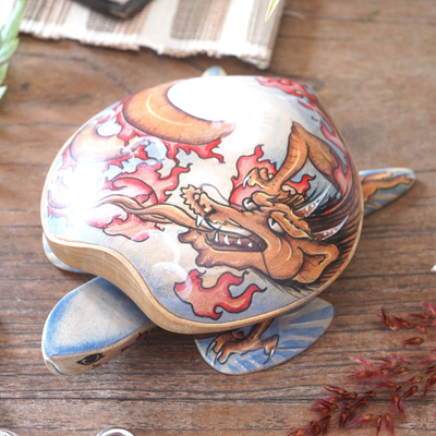 Wood Jewellery box, 'Dragon-Hearted Turtle' - Wooden Turtle Jewellery Box with Hand-Painted Dragon Design