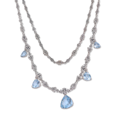 Blue topaz pendant necklace, 'Enchanted Droplets' - Sterling Silver and Blue Topaz Pendant Necklace from Java