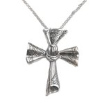 Sterling silver pendant necklace, 'Songket Cross' - Sterling Silver Songket Cloth Pendant Necklace from Bali