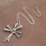 Sterling silver pendant necklace, 'Songket Cross' - Sterling Silver Songket Cloth Pendant Necklace from Bali