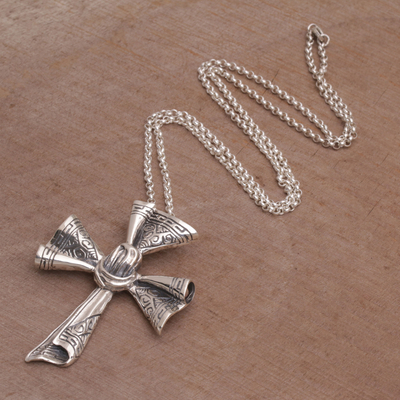 Sterling silver pendant necklace, 'Songket Cross' - Sterling Silver Songket Cloth Pendant Necklace from Bali