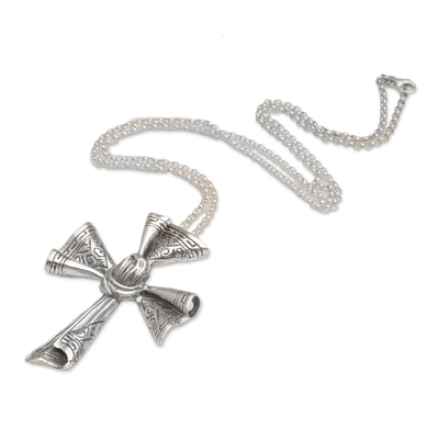 Sterling Silber Anhänger Halskette 'Songket Cross' - Balinesische Halskette aus Sterlingsilber mit Songket-Stoffanhänger