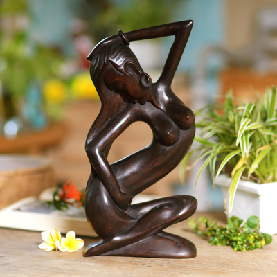 Wood statuette, 'Indah' - Artisan Hand-Carved Suar Wood Woman Statuette from Bali