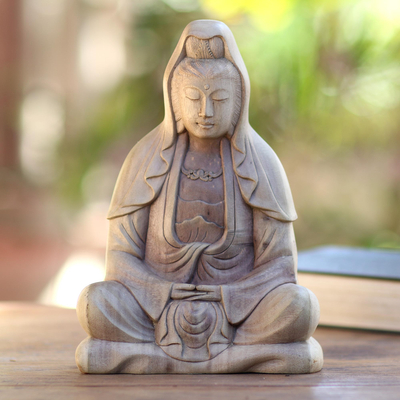 Hibiscus wood statuette, 'Kwan Im Meditation' - Artisan Hand-Carved Kwan Im Meditation Statuette from Bali