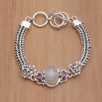 Pulsera colgante de piedra lunar arcoíris y amatista - Pulsera con colgante de amatista y piedra lunar arcoíris de Bali