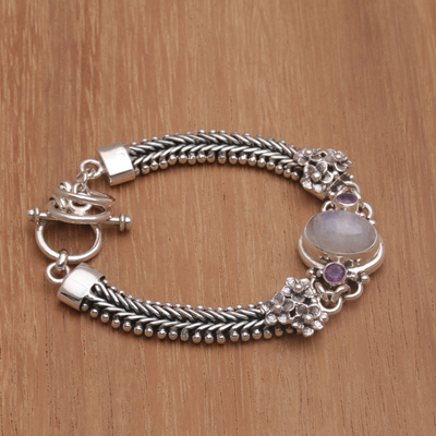 Rainbow moonstone and amethyst pendant bracelet, 'Jepun Glow' - Rainbow Moonstone and Amethyst Pendant Bracelet from Bali