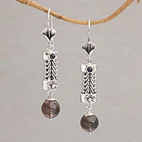 Smoky quartz and amethyst dangle earrings, 'Floral Fascination' - Floral Smoky Quartz and Amethyst Dangle Earrings from Bali