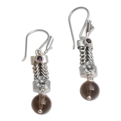 Smoky quartz and amethyst dangle earrings, 'Floral Fascination' - Floral Smoky Quartz and Amethyst Dangle Earrings from Bali