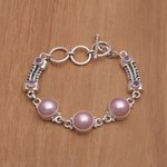 Cultured mabe pearl and amethyst link bracelet, 'Wangi Trio' - Cultured Mabe Pearl and Amethyst Link Bracelet from Bali