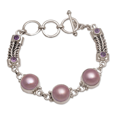 Cultured mabe pearl and amethyst link bracelet, 'Wangi Trio' - Cultured Mabe Pearl and Amethyst Link Bracelet from Bali