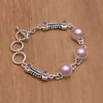 Cultured mabe pearl and amethyst link bracelet, 'Wangi Trio' - Cultured Mabe Pearl and Amethyst Link Bracelet from Bali