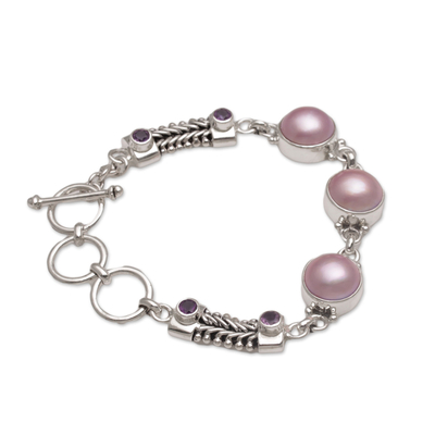 Cultured mabe pearl and amethyst link bracelet, 'Wangi Trio' - Cultured Mabe Pearl and Amethyst Link Bracelet from Bali