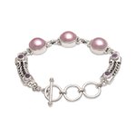 Cultured mabe pearl and amethyst link bracelet, 'Wangi Trio' - Cultured Mabe Pearl and Amethyst Link Bracelet from Bali