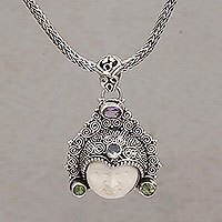 Multi-gemstone pendant necklace, 'Wayan Crown' - Multi-Gemstone Face-Shaped Pendant Necklace from Bali