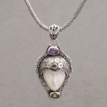 Multi-gemstone pendant necklace, 'Sukawati King' - Multi-Gem Silver Face-Shaped Pendant Necklace from Bali