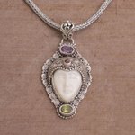 Multi-gemstone pendant necklace, 'Sukawati King' - Multi-Gem Silver Face-Shaped Pendant Necklace from Bali