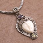 Multi-gemstone pendant necklace, 'Sukawati King' - Multi-Gem Silver Face-Shaped Pendant Necklace from Bali