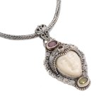 Multi-gemstone pendant necklace, 'Sukawati King' - Multi-Gem Silver Face-Shaped Pendant Necklace from Bali