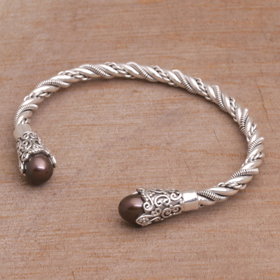 Cultured pearl cuff bracelet, 'Jepun Seeds in Brown' - Brown Cultured Pearl Cuff Bracelet from Bali