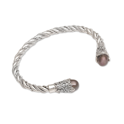 Cultured pearl cuff bracelet, 'Jepun Seeds in Brown' - Brown Cultured Pearl Cuff Bracelet from Bali