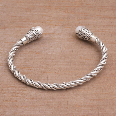 Cultured pearl cuff bracelet, 'Jepun Seeds in White' - White Cultured Pearl Cuff Bracelet from Bali
