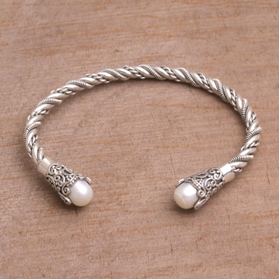 Cultured pearl cuff bracelet, 'Jepun Seeds in White' - White Cultured Pearl Cuff Bracelet from Bali