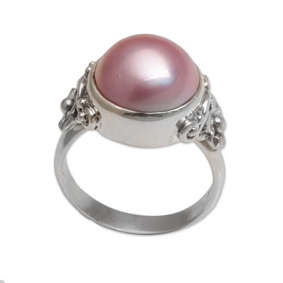 Cultured pearl cocktail ring, 'Jepun Joy' - Floral Pink Cultured Pearl Cocktail Ring from Bali