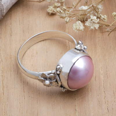 Cultured pearl cocktail ring, 'Jepun Joy' - Floral Pink Cultured Pearl Cocktail Ring from Bali