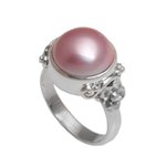 Cultured pearl cocktail ring, 'Jepun Joy' - Floral Pink Cultured Pearl Cocktail Ring from Bali