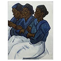 'Blue-Clothed Saleswomen' - Oil on Canvas Painting of Three Market Women