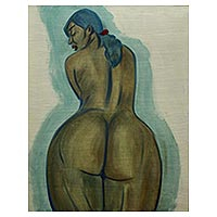 'Desde atrás' - Pintura al óleo javanesa de desnudo femenino con curvas