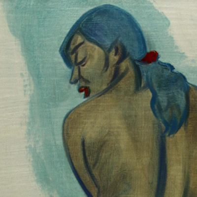 'From Behind' - Pintura al óleo javanesa de desnudo femenino curvilíneo