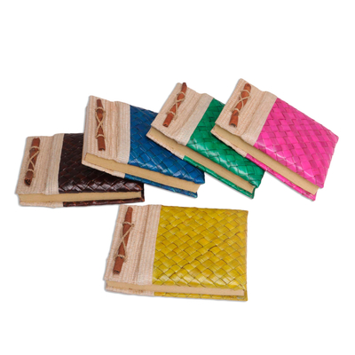 Natural fiber journals, 'Rainbow Weaver' (set of 5) - Set of 5 Colorful Hand-Woven Pandan Leaf Journals from Bali