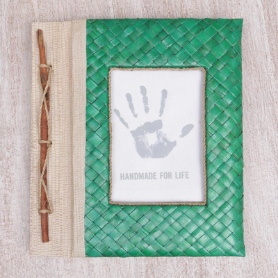 Natural fiber journal, 'Woven Memories in Green' - Hand-Woven Pandan Leaf Journal with Photo Cover in Green