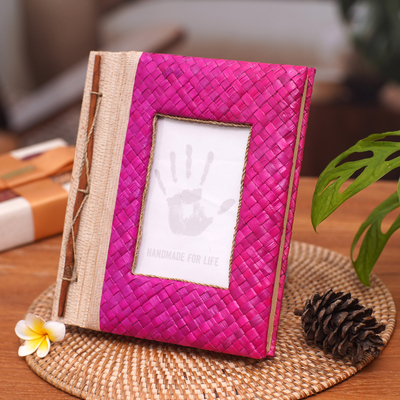 Natural fiber journal, 'Woven Memories in Pink' - Hand-Woven Pandan Leaf Journal with Photo Cover in Pink