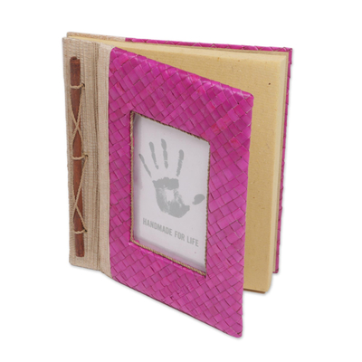 Natural fiber journal, 'Woven Memories in Pink' - Hand-Woven Pandan Leaf Journal with Photo Cover in Pink