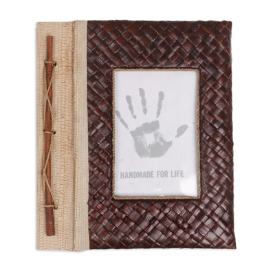 Natural fiber journal, 'Woven Memories in Brown' - Hand-Woven Pandan Leaf Journal with Photo Cover in Brown